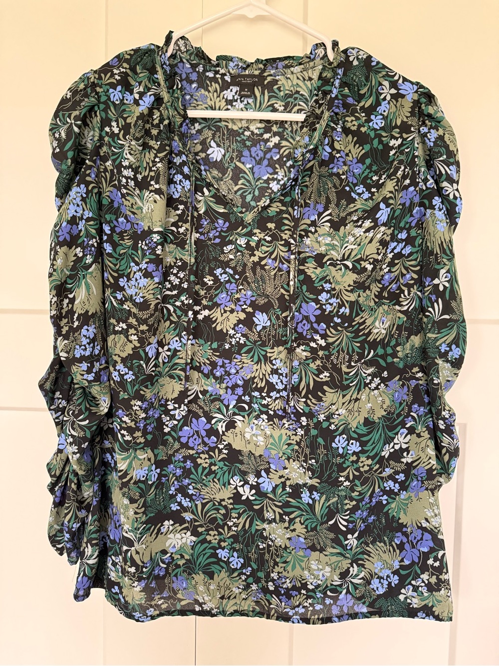 Ann Taylor Factory Black Floral V-Neck Blouse with Blue and Green Print